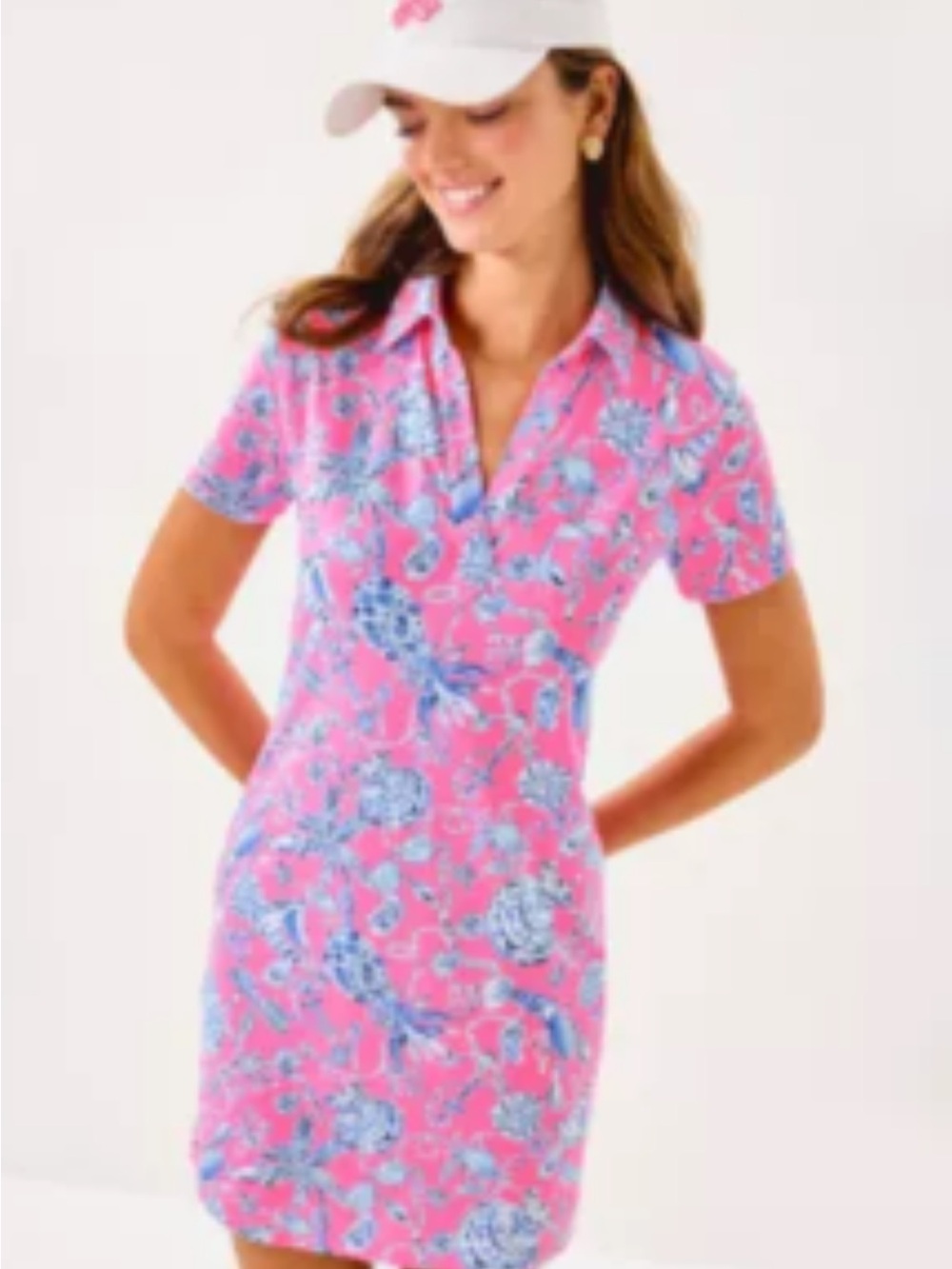 Lilly Pulitzer Pink Floral Print Polo Dress with Blue Accents